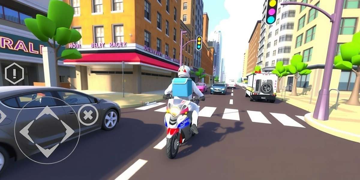 Delivery Racer gameplay showing control instructions and a delivery rider avoiding obstacles in a busy street