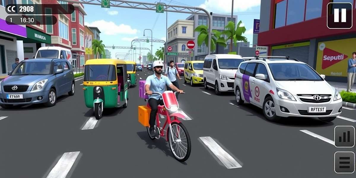 Delivery Racer game screenshot showing a delivery rider navigating through Mumbai streets with auto-rickshaws and pedestrians
